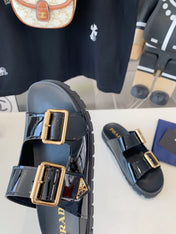 PRA STRAP SLIDES SANDALS GLOSSY BLACK CALFSKIN