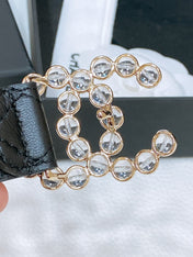 CC BELT 30 MM IN BLACK EMBROIDERED CALFSKIN PEARL LOGO WITH GOLD HARDWARE