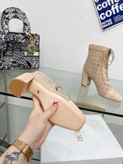 NAUGHTILY-D HEELED ANKLE BOOT IN BISQUE BEIGE CANNAGE MOTIF MESH AND SUEDE 8 CM