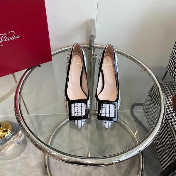 EFFLORESCENCE BALLERINAS PUMPS IN WHITE TWEED WITH FINE BLACK STRIPES EMBELLISHED CRYSTALS