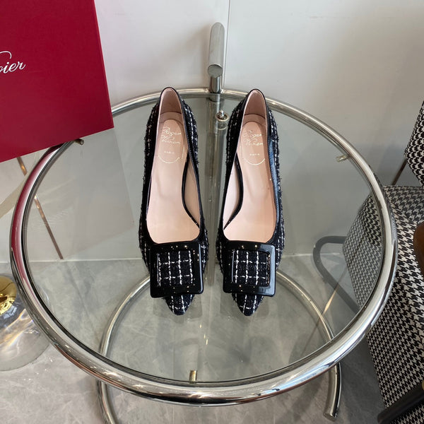 EFFLORESCENCE BALLERINAS PUMPS IN BLACK TWEED WITH FINE WHITE STRIPES EMBELLISHED CRYSTALS