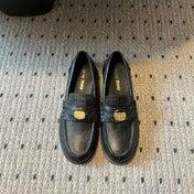 MIUMIU 26S PENNY LOAFERS IN BLACK CALFSKIN GOLD HARDWARE