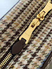 BEAU TOP HANDLE BAG 34 IN BEIGE TARTAN AND COCOA BROWN LEATHER TRIM