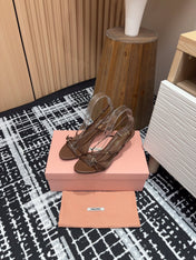 STRAP HIGH HEEL SANDALS IN CHOCOLATE SHINY LAMBSKIN