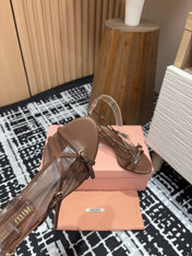 STRAP HIGH HEEL SANDALS IN CHOCOLATE SHINY LAMBSKIN