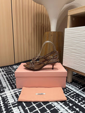 STRAP HIGH HEEL SANDALS IN CHOCOLATE SHINY LAMBSKIN