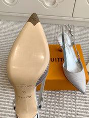 BLOSSOM SLINGBACKS 75 MM IN SILVER IMPORTED STRIPED SILK SATIN