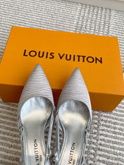 BLOSSOM SLINGBACKS 75 MM IN SILVER IMPORTED STRIPED SILK SATIN