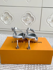 BLOSSOM SLINGBACKS 75 MM IN SILVER IMPORTED STRIPED SILK SATIN