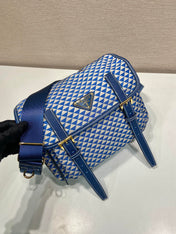 MESSENGER BAG 25 IN BLUE MIX WHITE TRIANGLE PATTERN EMBROIDERED FABRIC