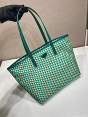 TOTE BAG 33 IN FOREST GREEN MIX CREAM TRIANGLE PATTERN EMBROIDERED FABRIC