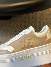 BLOCK SNEAKER WITH TRIOMPHE IN WHITE MIX SAND BROWN CALFSKIN