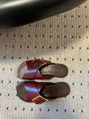 PETAL BELT FLAT SANDAL IN SANGRIA RED CALFSKIN