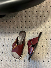 PETAL BELT FLAT SANDAL IN SANGRIA RED CALFSKIN