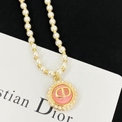CD 26S CD LOGO PEARL BEADED PENDANT NECKLACE IN GOLD METAL
