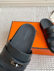 HM 26S KELLY BUCKLE DOUBLE STRAP SANDALS IN BLACK CALFSKIN BLACK HARDWARE