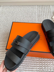 HM 26S KELLY BUCKLE DOUBLE STRAP SANDALS IN BLACK CALFSKIN BLACK HARDWARE