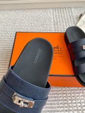 HM 26S KELLY BUCKLE DOUBLE STRAP SANDALS IN NAVY BLUE CALFSKIN SILVER HARDWARE
