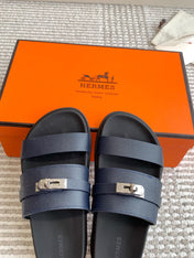 HM 26S KELLY BUCKLE DOUBLE STRAP SANDALS IN NAVY BLUE CALFSKIN SILVER HARDWARE