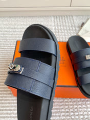 HM 26S KELLY BUCKLE DOUBLE STRAP SANDALS IN NAVY BLUE CALFSKIN SILVER HARDWARE