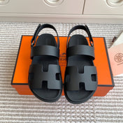 HM 26S CHYPRE SANDAL WITH BACK STRAP IN BLACK CALFSKIN