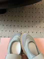 MIUMIU 26S BALLERINAS SHOES IN SAGE GREEN TYRE TECHNICAL FABRIC GREY SUEDE