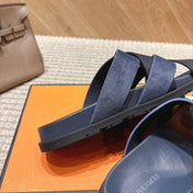 HM 26S CROSS-STRAP SLIDE SANDALS IN NAVY BLUE CALFSKIN AND BLUE SUEDE