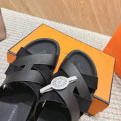 HM 26S CROSS-STRAP SLIDE SANDALS IN BLACK EPSOM CALFSKIN AND SUEDE