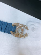 DOUBLE C ELASTIC BELT 30MM IN BLUE DENIM GOLD CRYSTAL STAR EMBELLISHED BUCKLE