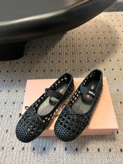 MIUMIU 26S BALLERINA FLATS IN BLACK MESH SHEEPSKIN