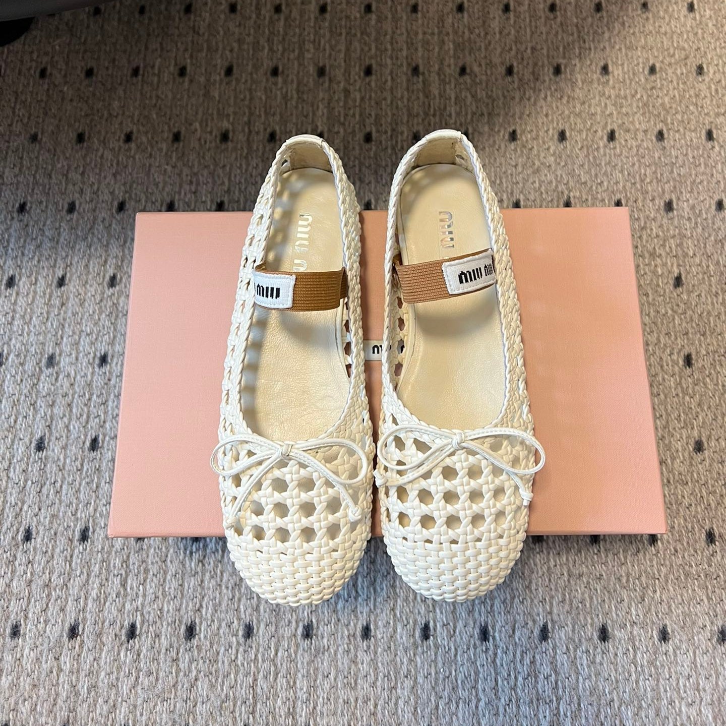 MIUMIU 26S BALLERINA FLATS IN CREAM WHITE MESH SHEEPSKIN