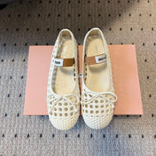 MIUMIU 26S BALLERINA FLATS IN CREAM WHITE MESH SHEEPSKIN