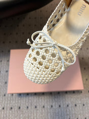 MIUMIU 26S BALLERINA FLATS IN CREAM WHITE MESH SHEEPSKIN
