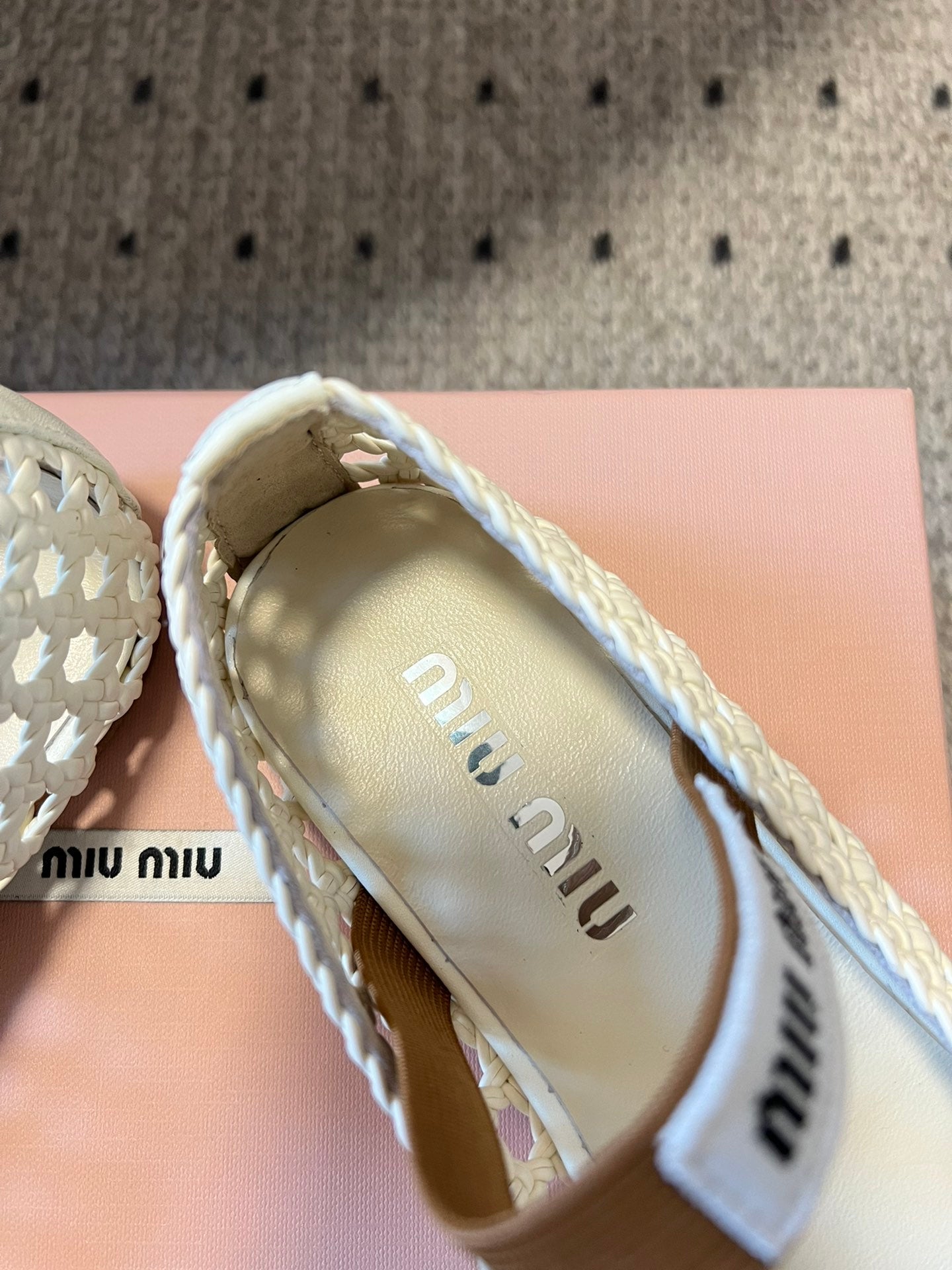 MIUMIU 26S BALLERINA FLATS IN CREAM WHITE MESH SHEEPSKIN