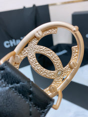 DOUBLE C BELT 38MM IN BLACK QUILTED LAMBSKIN GOLD OVAL BUCKLE CENTERED WHITE LOGO