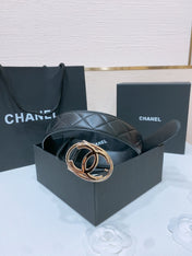 DOUBLE C BELT 38MM IN BLACK QUILTED LAMBSKIN WITH GOLD OVAL BUCKLE CENTERED LOGO