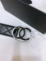 DOUBLE C BELT 38MM IN BLACK QUILTED LAMBSKIN SILVER OVAL BUCKLE CENTERED BLACK LOGO