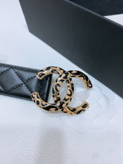 DOUBLE C BELT 38MM IN BLACK QUILTED LAMBSKIN WITH BLACK AND BEIGE LEOPARD PRINT BUCKLE