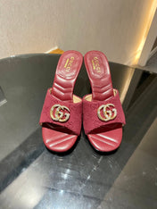 GG HIGH HEELS 70 IN RED LAMBSKIN AND FABRIC GOLD HARDWARE WITH CRYSTALS