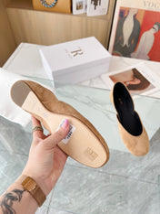 THE ROW 26S ROUND TOE BALLET FLATS IN DARK BEIGE SUEDE
