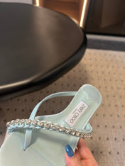 JIMMY CHOO 26S CRYSTAL THONG SANDALS 45 MM IN PASTEL BLUE SATIN AND LAMBSKIN