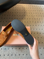 MIUMIU 26S LOAFERS IN CARAMEL BROWN SUEDE