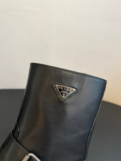 PRADA 25S PLATFORM ANKLE BOOTS IN BLACK CALFSKIN WITH SILVER HARDWARE