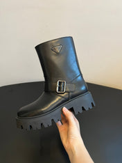 PRADA 25S PLATFORM ANKLE BOOTS IN BLACK CALFSKIN WITH SILVER HARDWARE