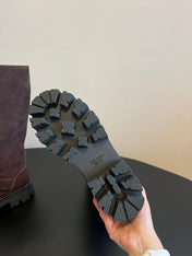 PRADA 25S HIGH-CUT PLATFORM BOOTS IN BROWN SUEDE WITH GOLD HARDWARE