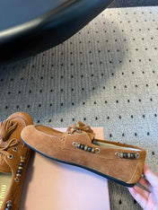 MIUMIU 26S TASSEL LOAFERS IN CARAMEL BROWN SUEDE