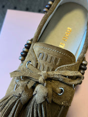 MIUMIU 26S TASSEL LOAFERS IN OLIVE BROWN SUEDE