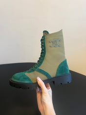 CELINE 26S LACE-UP ANKLE BOOTS IN TEAL GREEN SUEDE AND GRAYISH GREEN LAMBSKIN