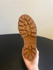 CELINE 26S LACE-UP ANKLE BOOTS IN BROWN SUEDE AND CANVAS