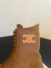 CELINE 26S LACE-UP ANKLE BOOTS IN BROWN SUEDE AND CANVAS
